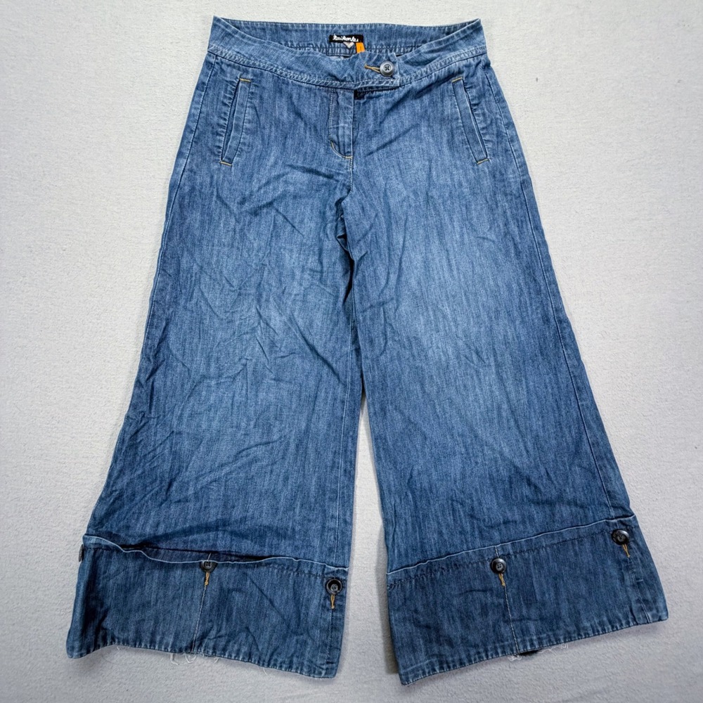 Taikonku Womens Pants Wide Leg Blue Denim Button Cuff Frayed Hem Size 29